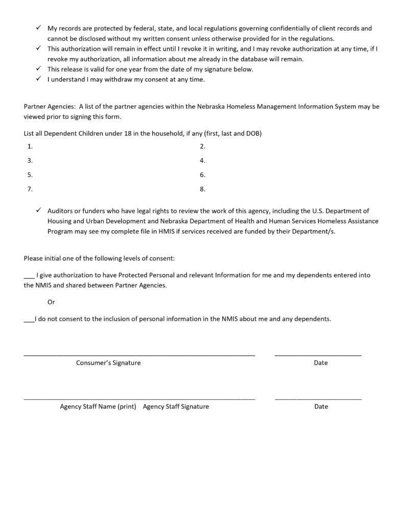 Nebraska Management Information System Homeless Management Information System Consumers Informed Consent & Release of Information Authorization