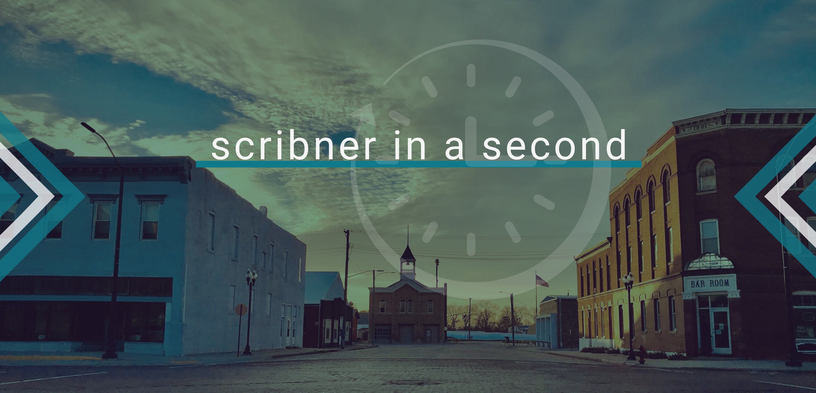 a photo of downtown Scribner's old city hall building with a clock graphic stating "scribner in a second"