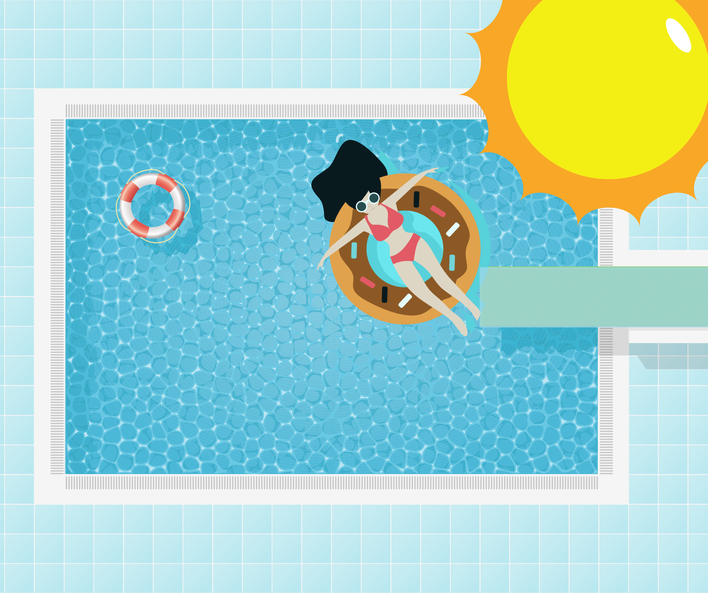 cartoon swimming pool with a sun, diving board and lady floating in the pool